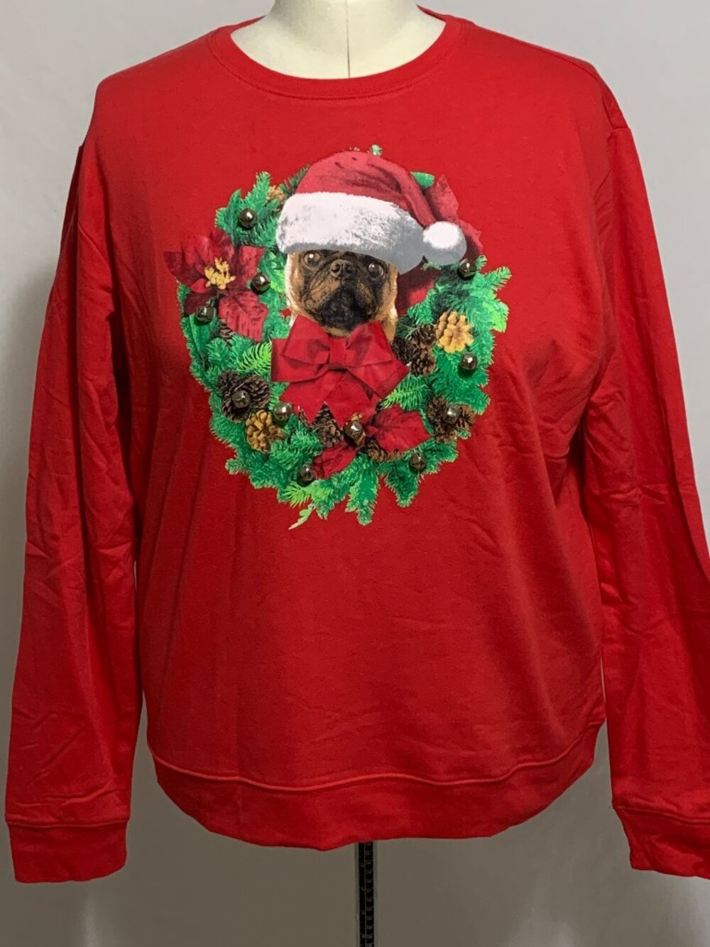 Ugly Christmas Sweatshirt Santa Pug Dog Puppy Bells Wreath Red MENS Womens XXL